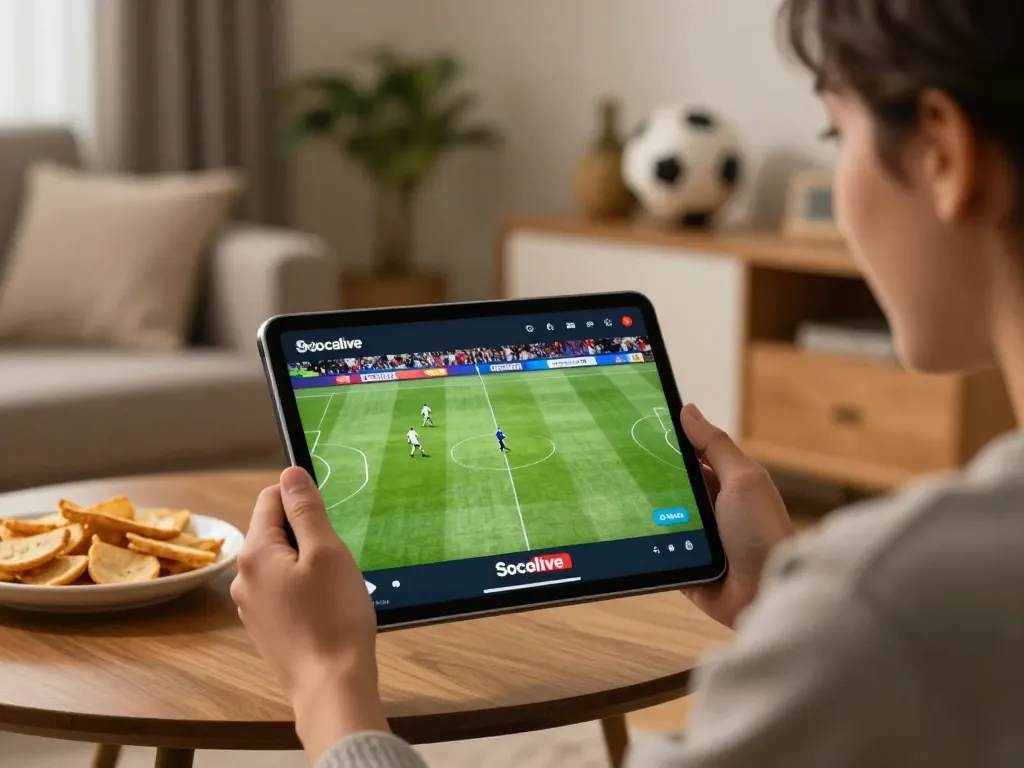 Socolive user enjoying live football streaming on tablet in cozy home setting with vibrant atmosphere