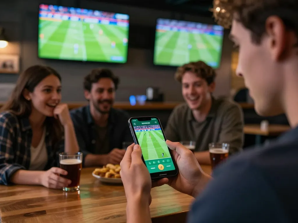 Socolive app user placing bets during an exciting football match at a lively sports bar.
