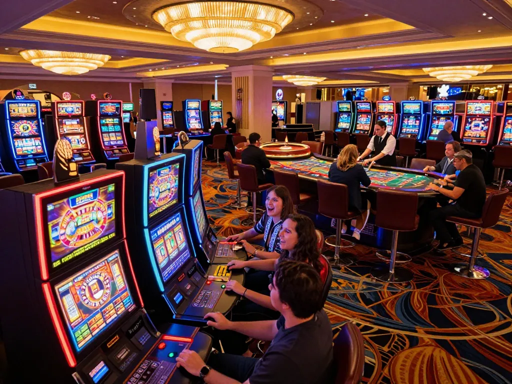 Players engaging at vibrant Las Vegas casino, showcasing s666 with dynamic slot and roulette action
