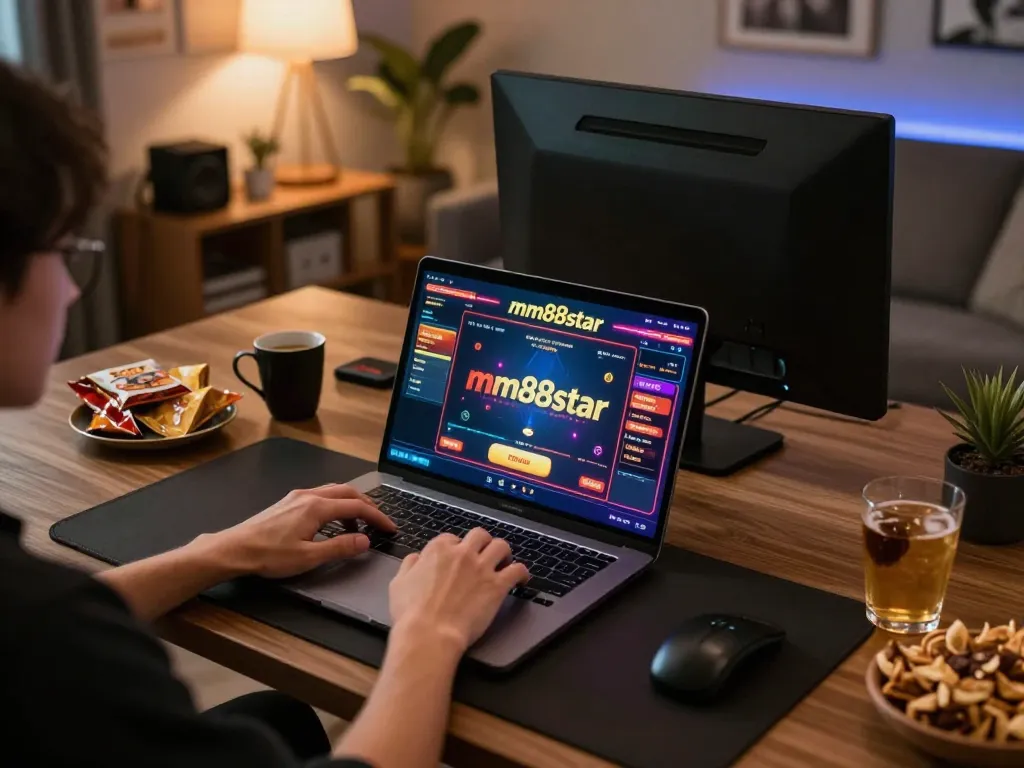 Player using mm88star on laptop for online casino games in a cozy home office setting.