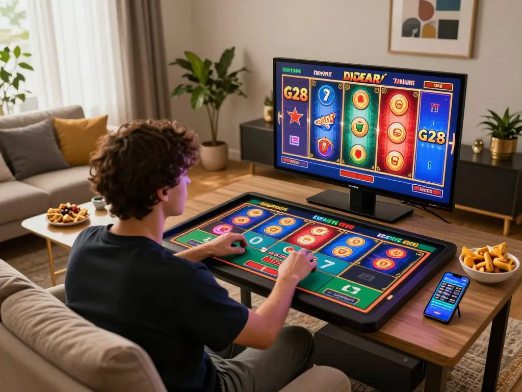 Player enjoying G28 slots on a tablet in a cozy living room setting, emphasizing comfort and engagement