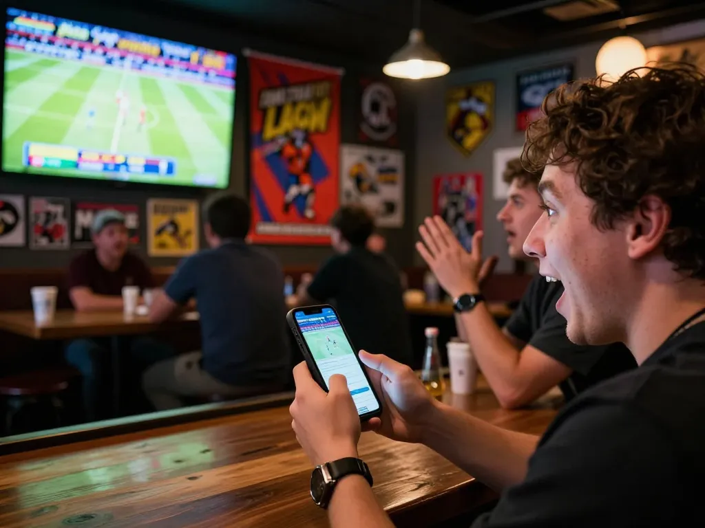 FIVE88 user placing a bet on a smartphone while watching a live sports event at a crowded bar.