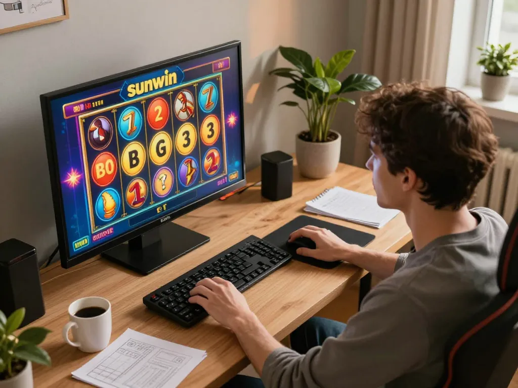 Player using Sunwin gaming app on tablet at cozy desk, focusing on slot game.