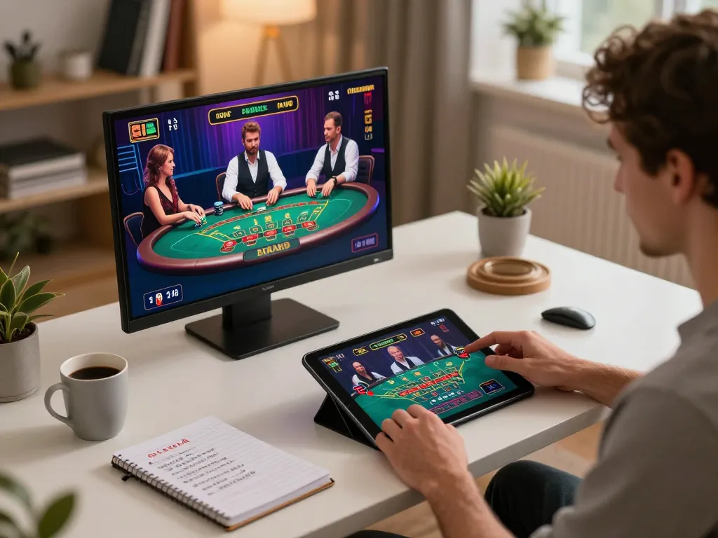 Engaging gameplay at KU88 online casino with player using tablet for live dealer blackjack