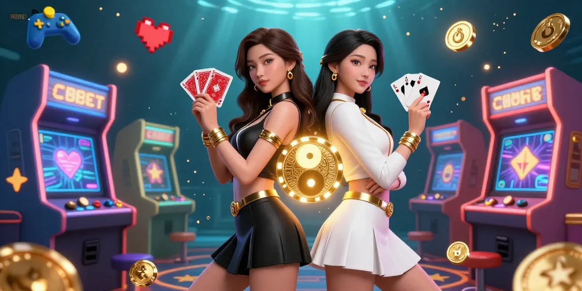 KUBET presents twin Asian women in coordinated outfits showcasing cards against a vibrant casino backdrop.