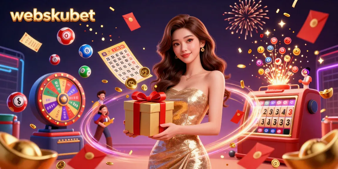 Experience the excitement of webskubet with festive casino elements, including vibrant lottery and gold coins.
