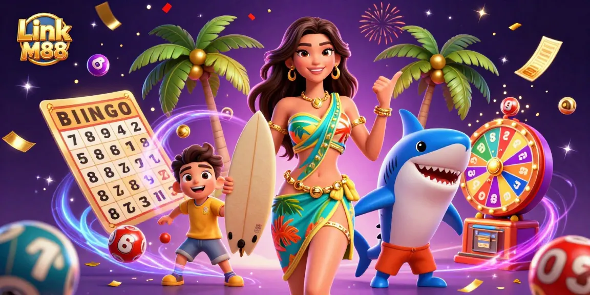 Experience exciting gambling at Link M88 with vibrant games and energetic characters set in a lush casino scene.