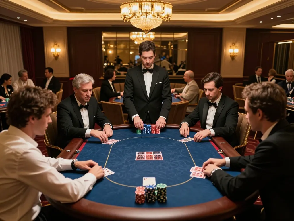 Players at a high-stakes poker game in a luxury club, showcasing vic88's exclusive gaming experience