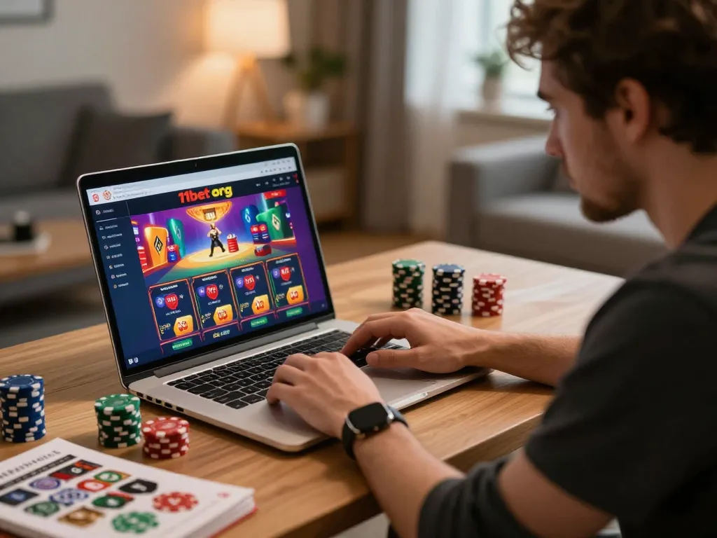 Gambler enjoying online games at 11bet org in a cozy home setting, focusing on strategy and enjoyment