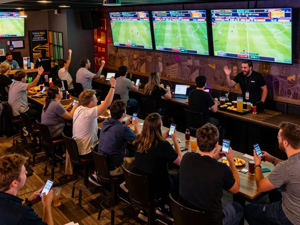 Exciting patrons placing bets at 789win in a vibrant sports betting venue.
