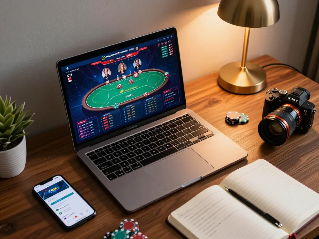 Person playing FO88 poker online with laptop showing vibrant game interface and strategy notes.