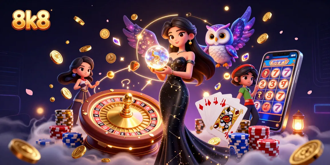 Experience the thrilling 8k8 casino adventure with a stunning crystal ball and enchanting owl.