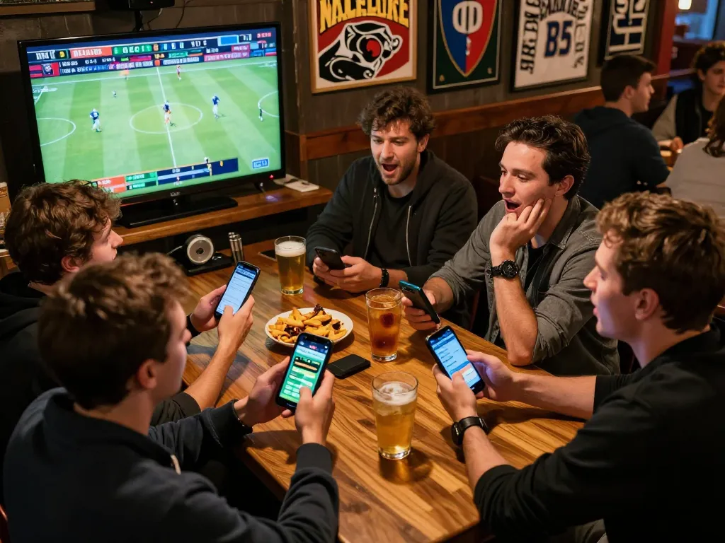 Engaged friends enjoying HBET sports betting at a lively bar, smartphones in hand, excitement and camaraderie.