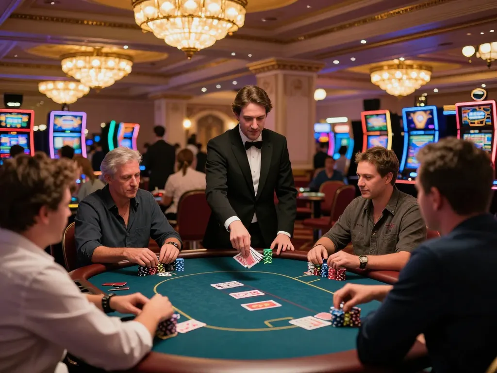 Players strategizing at cm88z poker table in a bustling casino atmosphere.