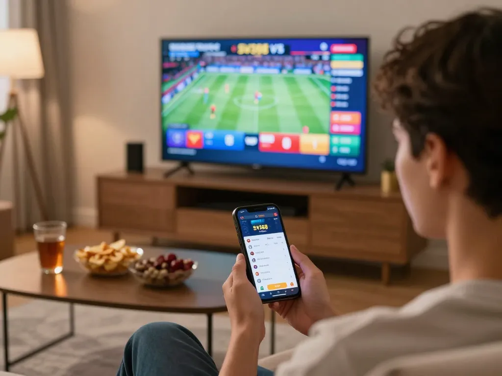SV368 user placing bets on the smartphone amidst live sports action, creating an engaging betting experience.