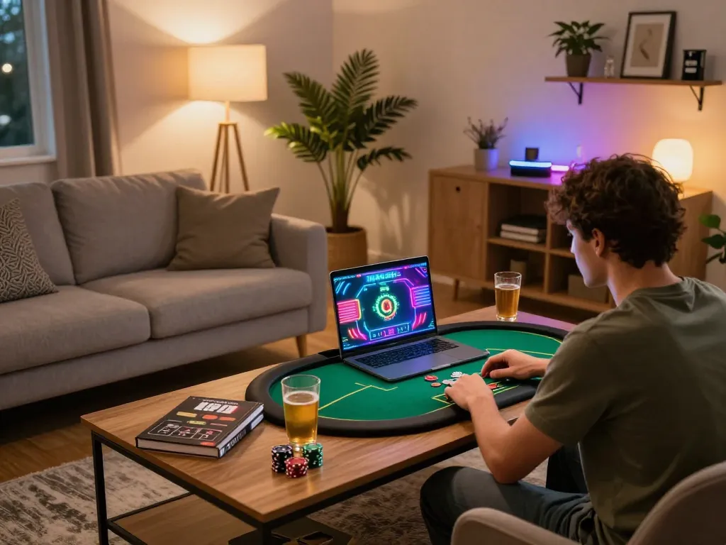 Person enjoying an engaging online poker game setup with impactxoft with vibrant ambient lighting