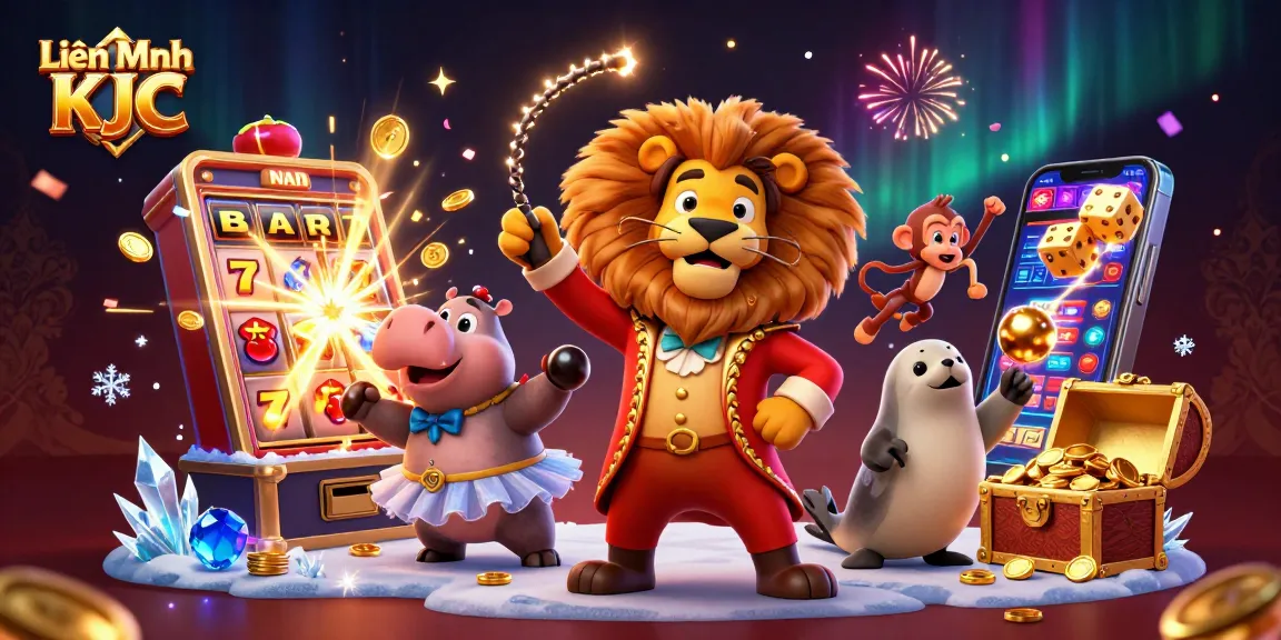 Experience thrilling games at Liên Minh KJC with vibrant illustrations of fun characters and dynamic casino elements.