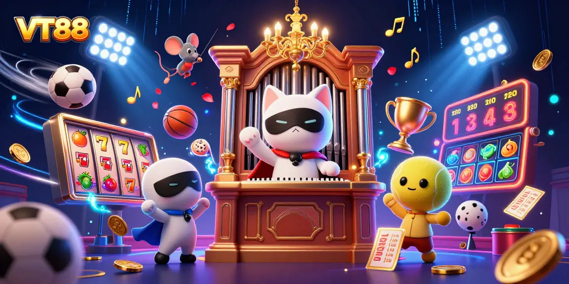 Play exciting games with VT88 in a vibrant casino scene filled with symbols and energy.