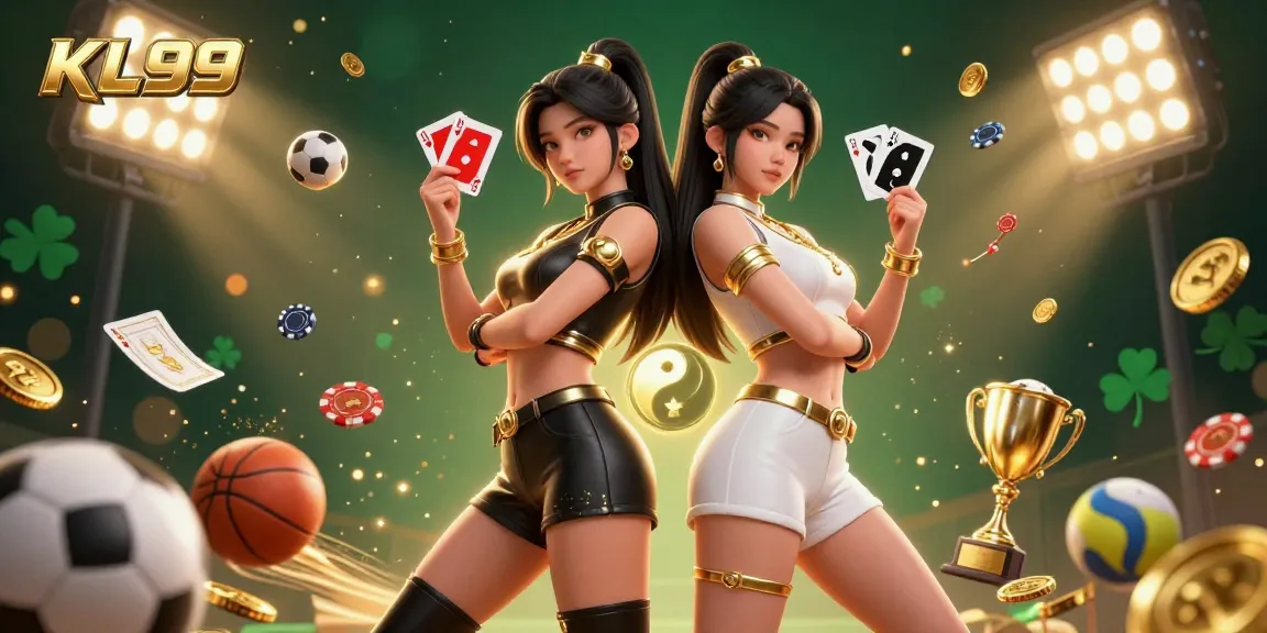 Experience thrilling KL99 gaming with stunning twin Asian women showcasing powerful card play amidst dynamic casino elements.