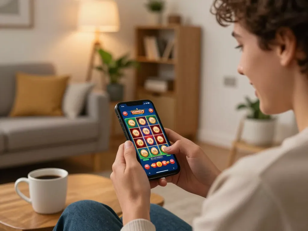 Nohu 90 player enjoying a winning moment on smartphone in cozy home setting