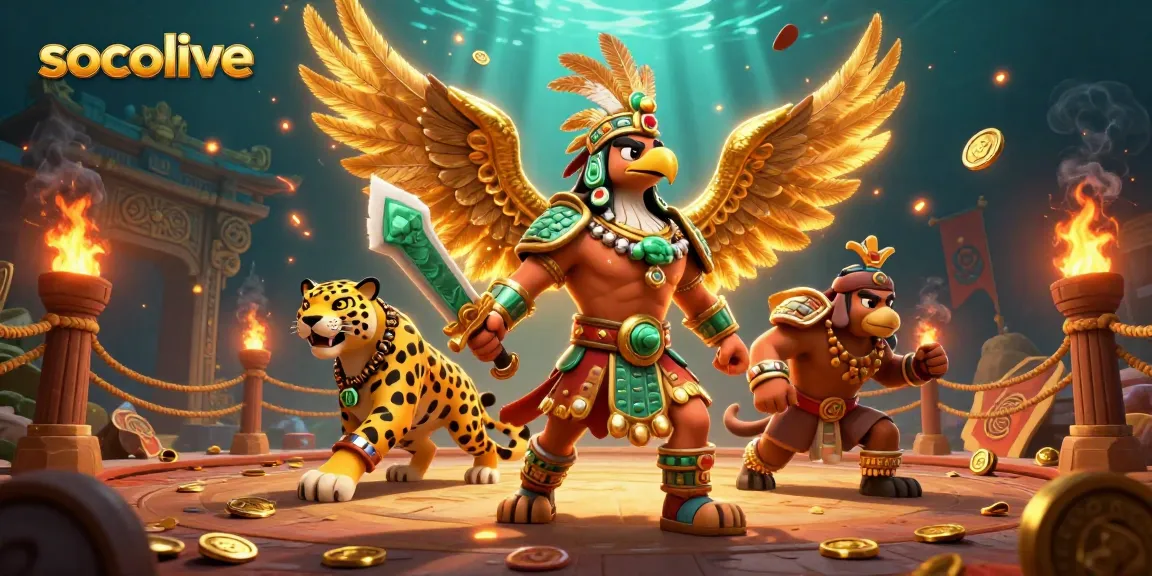 Socolive captures a thrilling moment of an Aztec warrior eagle ready for victory with dynamic gaming elements swirling around.