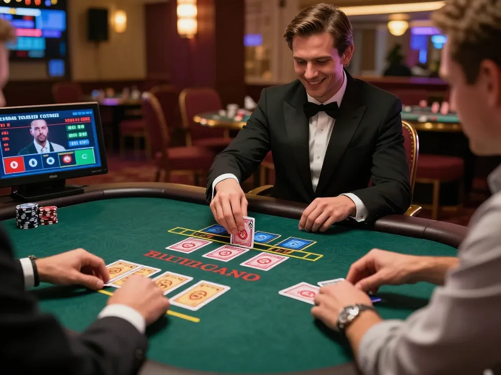 Players strategizing with debet bets in an upscale online blackjack game, engaging with a virtual dealer.