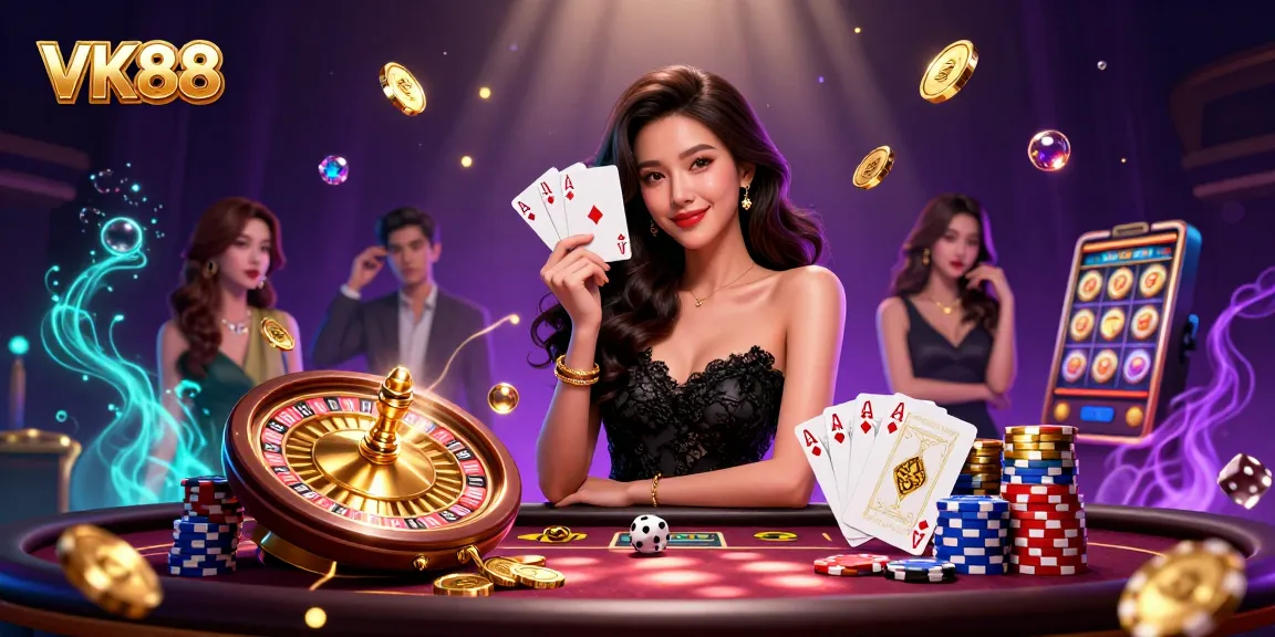 Experience the allure of VK88 as she dazzles with playing cards in a luxurious casino scene.