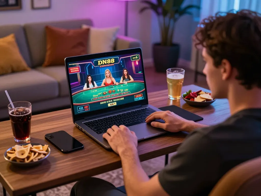 Player engaging in intense online gameplay at DN88 casino, focused on live dealer action on laptop screen.