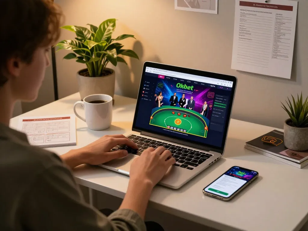 Engaging with Oxbet online gaming platform on a laptop, showcasing live dealer gameplay and a responsible gambling setup.
