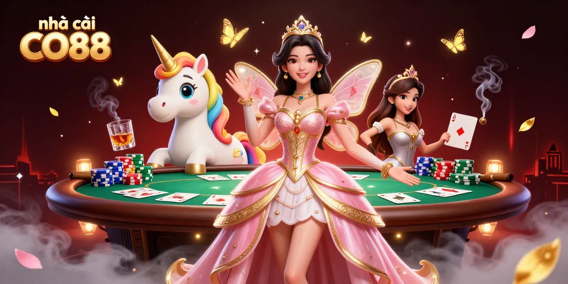 Engage with nhà cái CO88 in a vibrant casino environment featuring a glamorous Asian woman and golden unicorn.