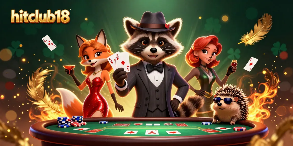 Hitclub18's vibrant casino scene featuring a raccoon with a royal flush in a lively poker setting.