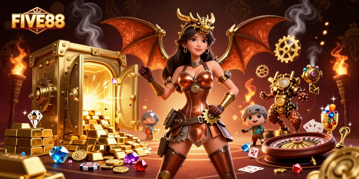 Experience winning moments at FIVE88 with vibrant casino-themed 3D illustration featuring games and treasures.