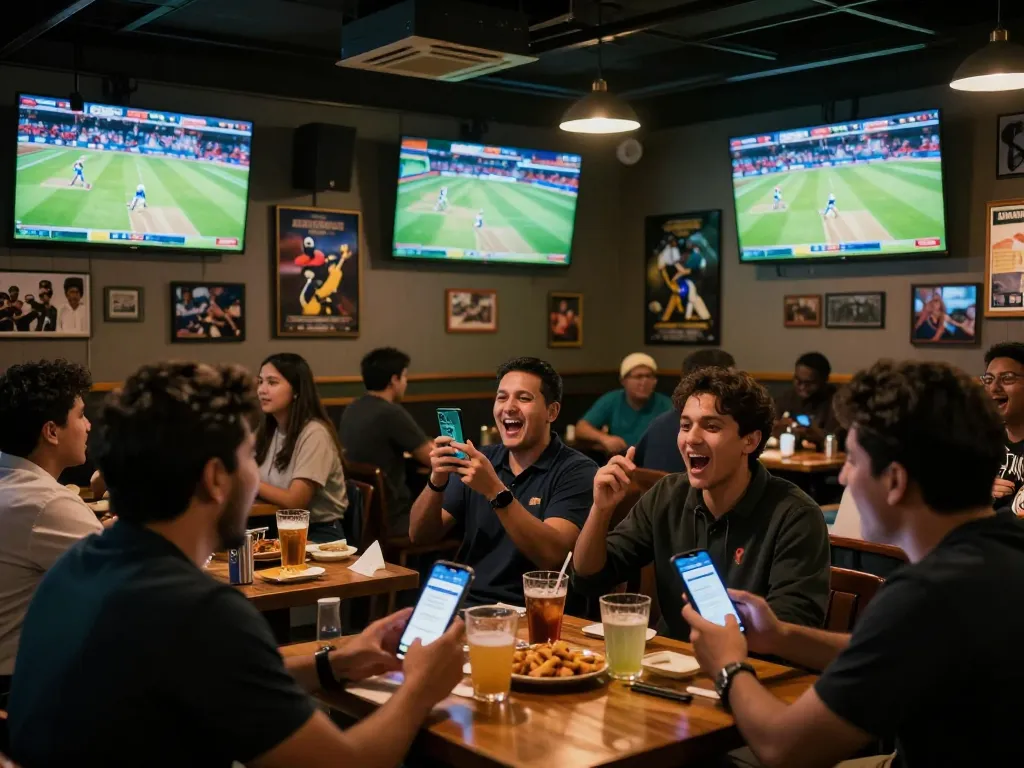 Fans excitedly betting on cricket matches using the Crickex app in a lively sports bar setting