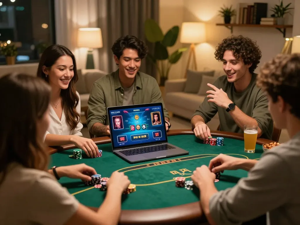 One88 engaging online poker gameplay with friends enjoying snacks and drinks in a cozy home.