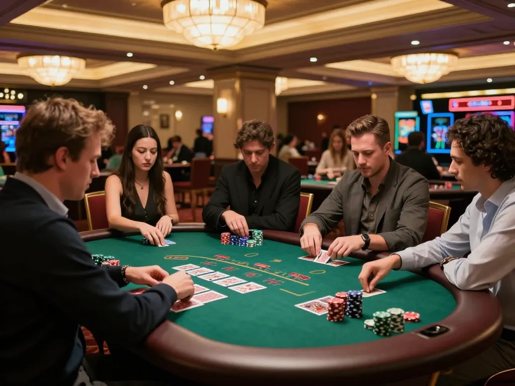 Players engage in an intense blackjack game at five88 casino with elegant decor and vibrant atmosphere