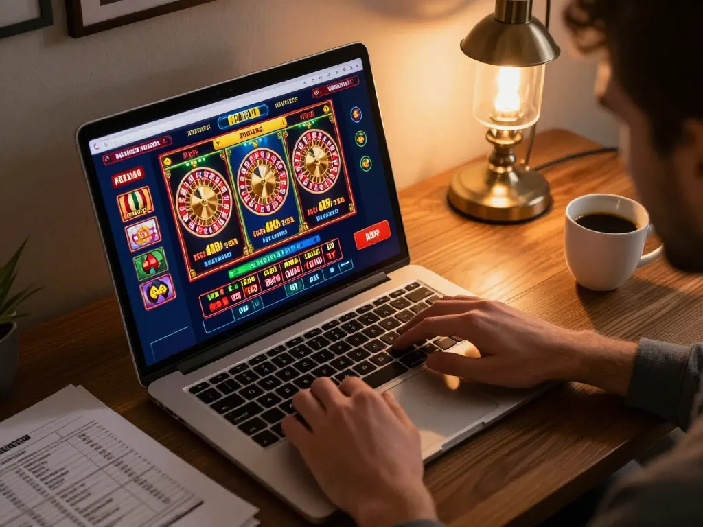 HITCLUB player engaging in online slots and roulette betting from home.