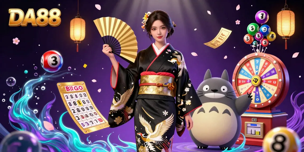 Experience the excitement of DA88 with a vibrant 3D illustration of a kimono-clad woman holding a fan amid colorful lottery elements.