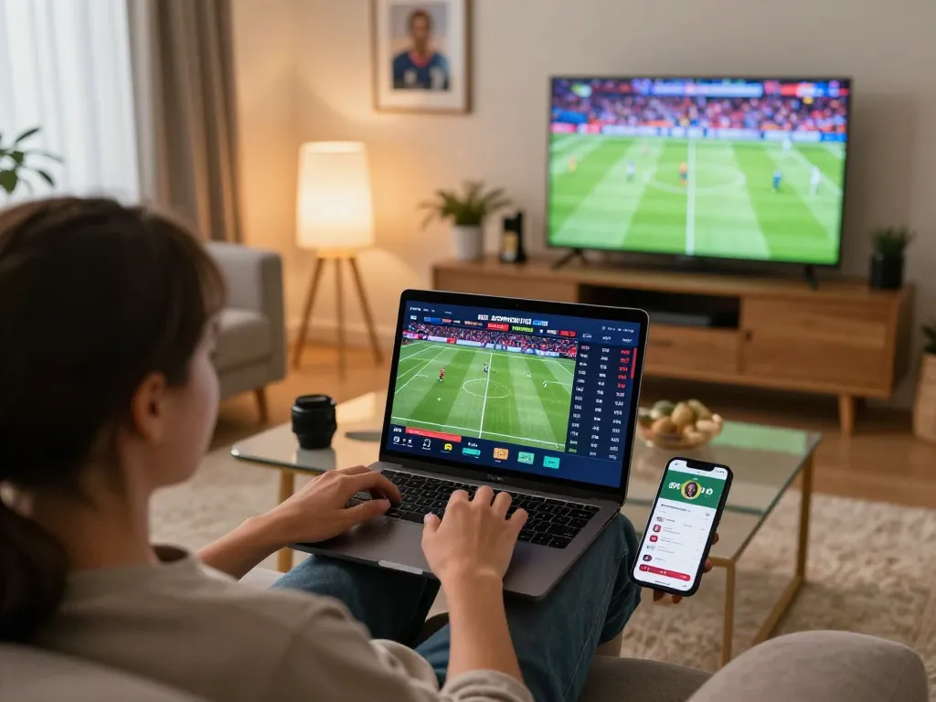 Engaging in online sports betting with live scores on laptop, optimizing kết quả bóng đá.