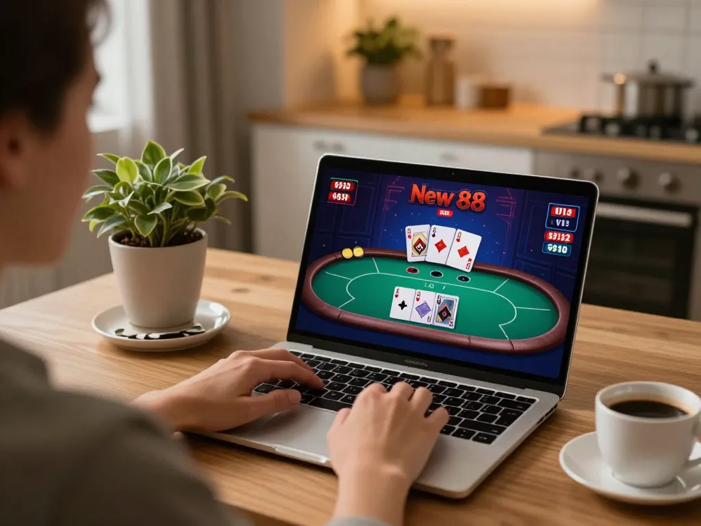 Engaging in a poker game on New 88 from the comfort of home with strategic setup.