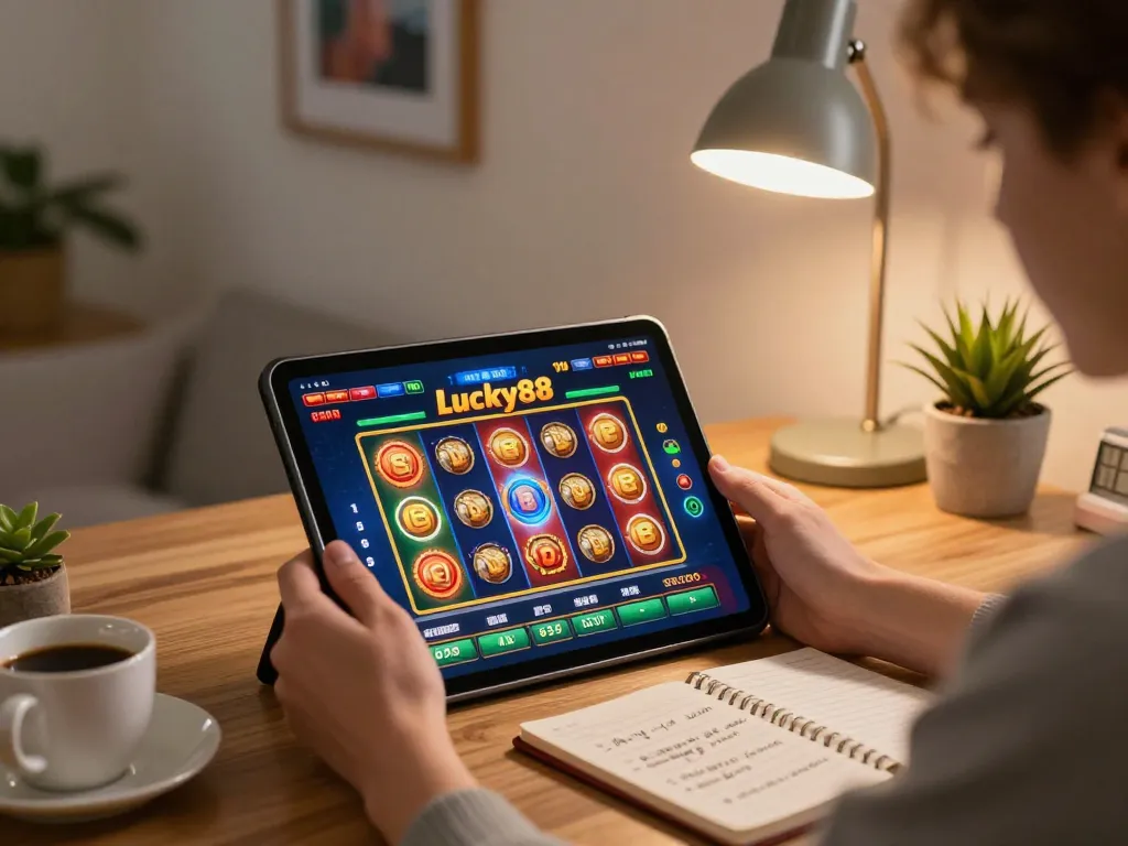 Engaged player exploring lucky88 slot game on tablet, showcasing modern home gaming setup.
