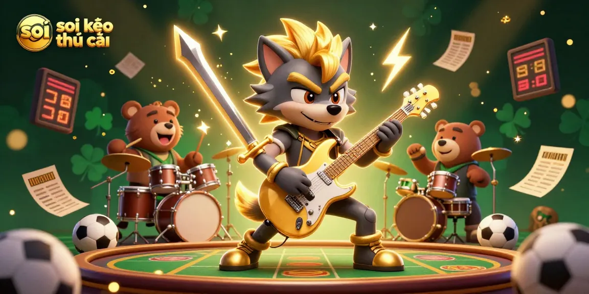 Betting on sports with soi kèo nhà cái as cartoon wolf plays guitar, while bear drums in a vibrant casino.