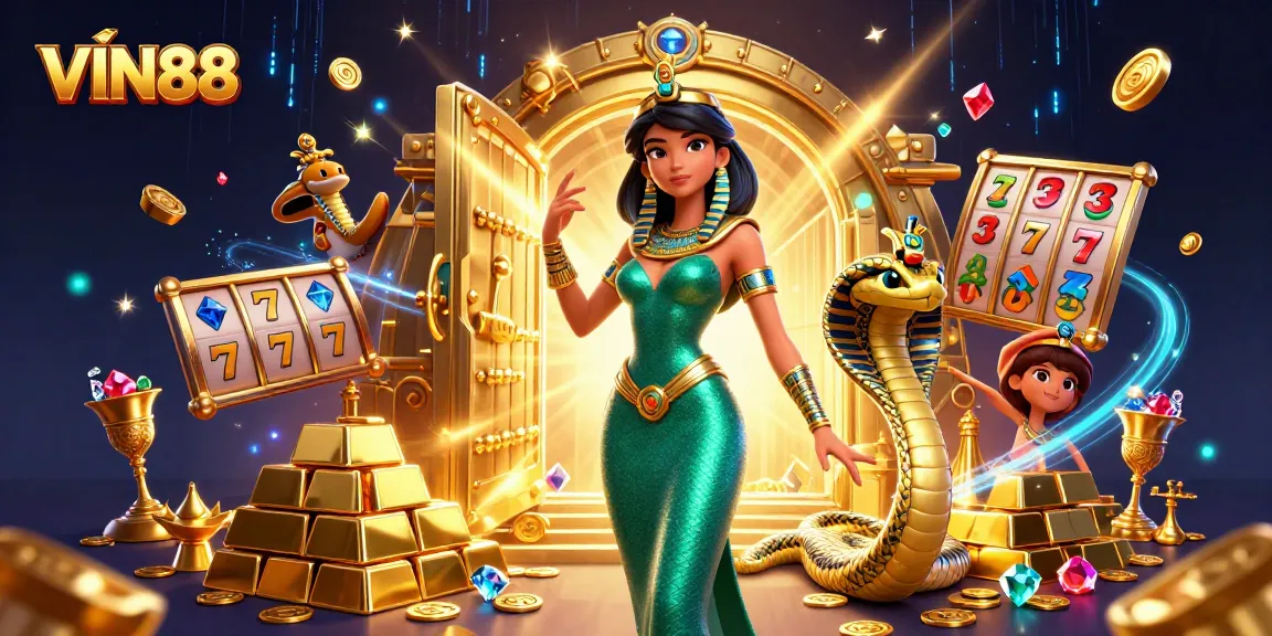 Experience thrilling wins at VIN88 with a stunning scene featuring slot reels and vibrant treasures.