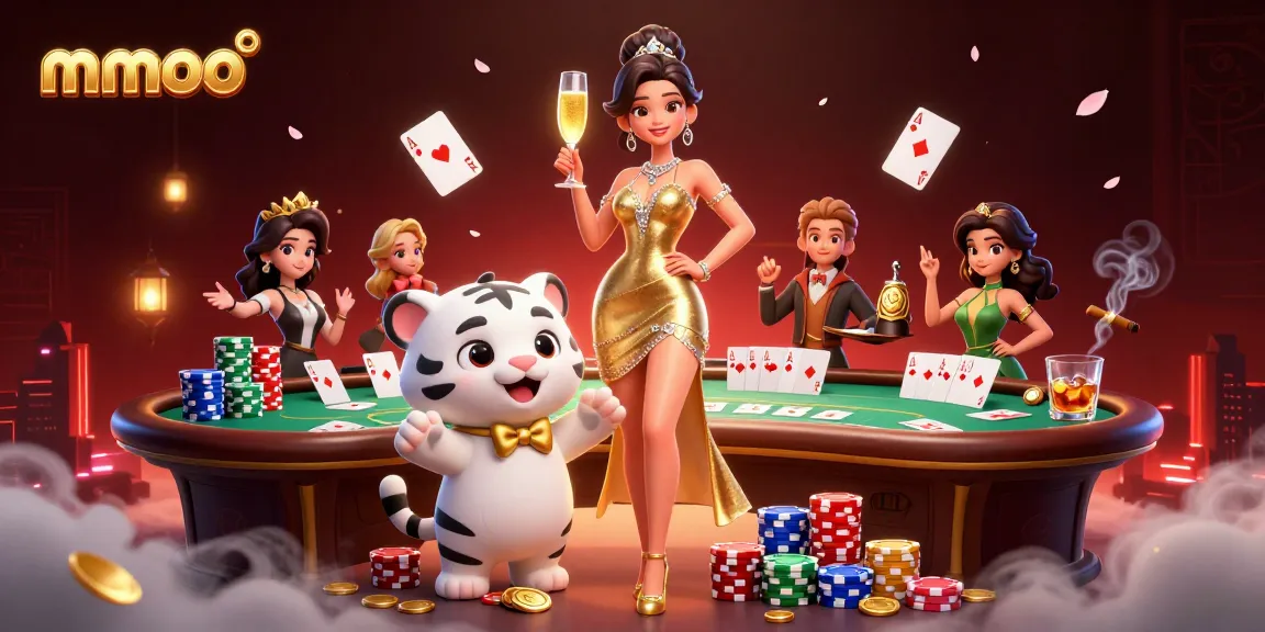Winning at mmoo casino with a glamorous woman and a lucky white tiger, surrounded by poker elements.