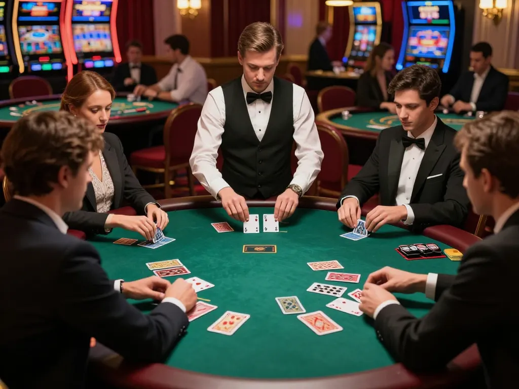 Players at an elegant blackjack table focus on their hands in DA88 casino atmosphere, showcasing high stakes gameplay.