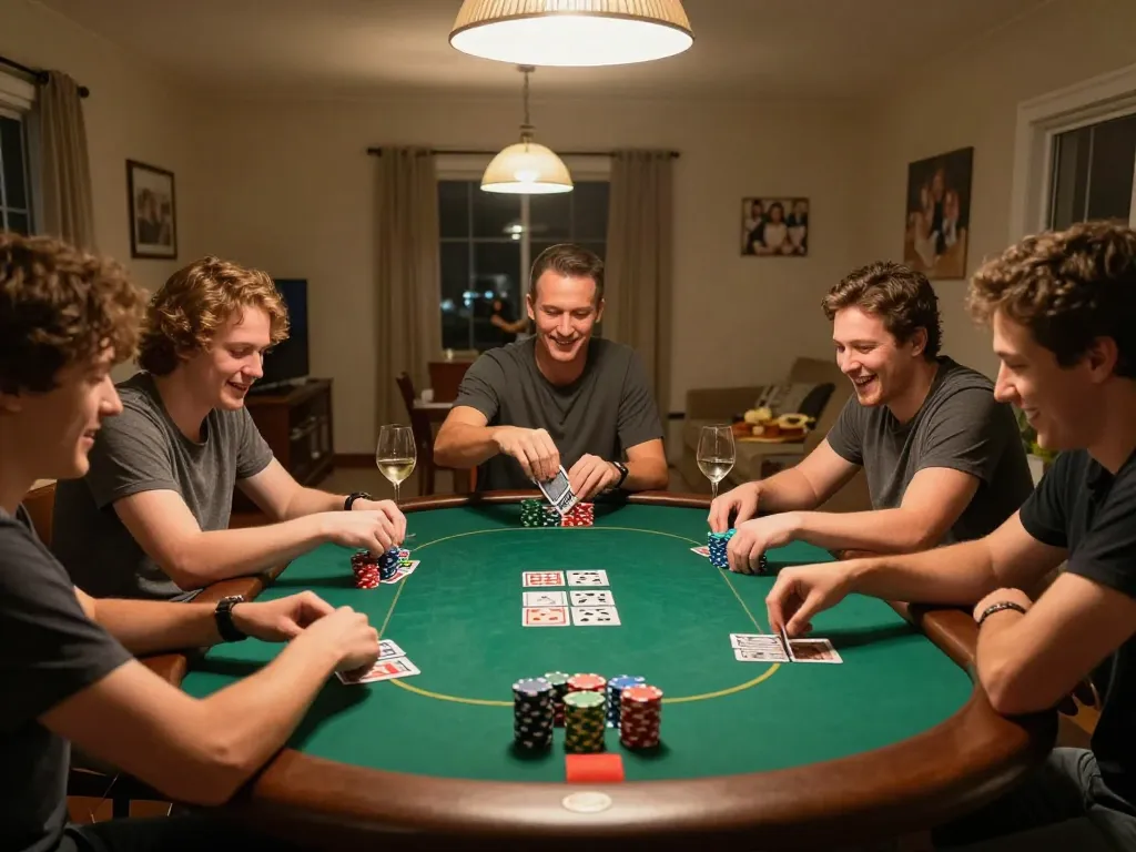 Engaged friends enjoying an exciting HITCLUB poker night with colorful chips and laughter