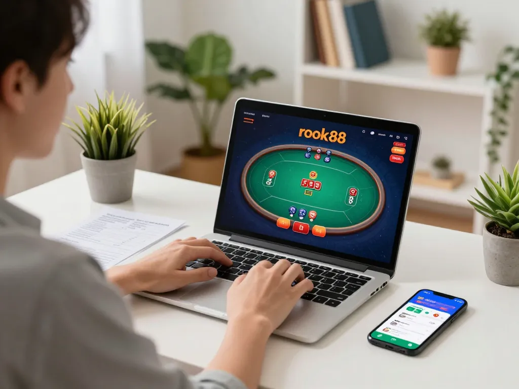 Engaging in online poker on rokok88 app at home, showcasing strategic betting notes and a cozy atmosphere