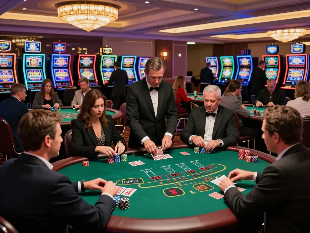 Engaged players strategizing around DIAMOND789 blackjack tables in a lively casino environment