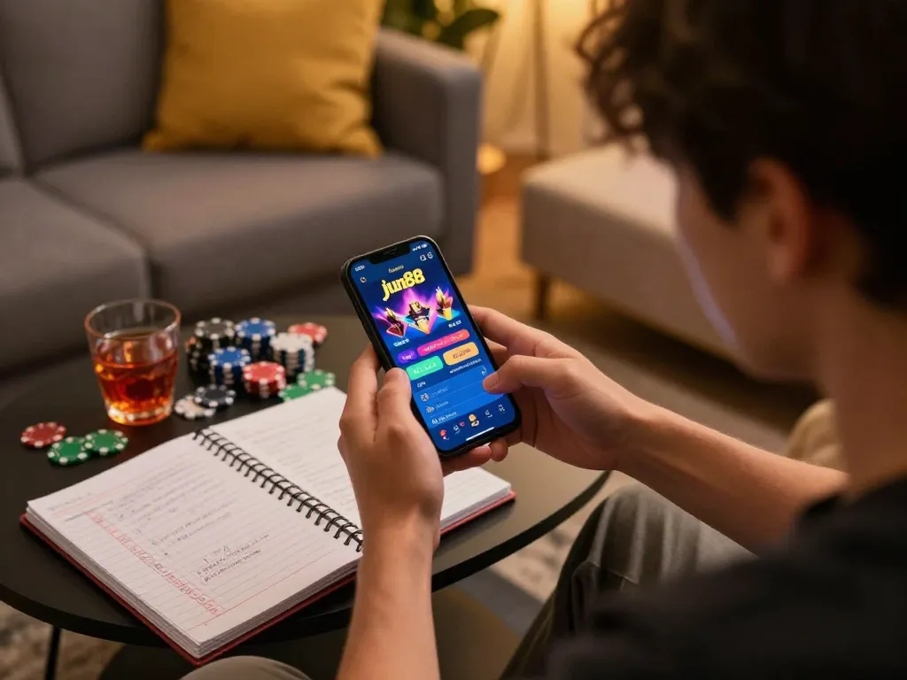 Engaged player using jun88 casino app on smartphone, surrounded by betting strategy notes and drinks.