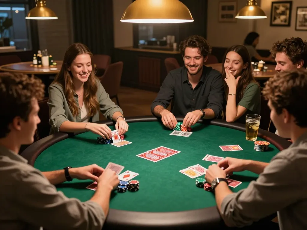Players enjoying a friendly poker night at home, showcasing strategy and camaraderie with 13win.