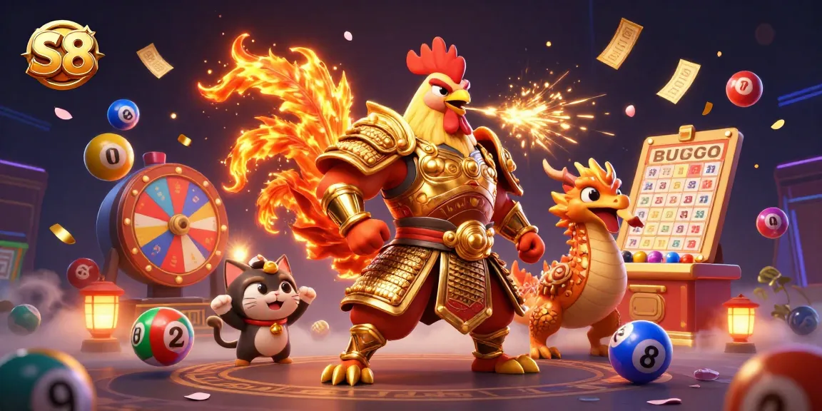 S8 captivates gamblers with an exciting scene of a samurai rooster and dragon, surrounded by lottery excitement.